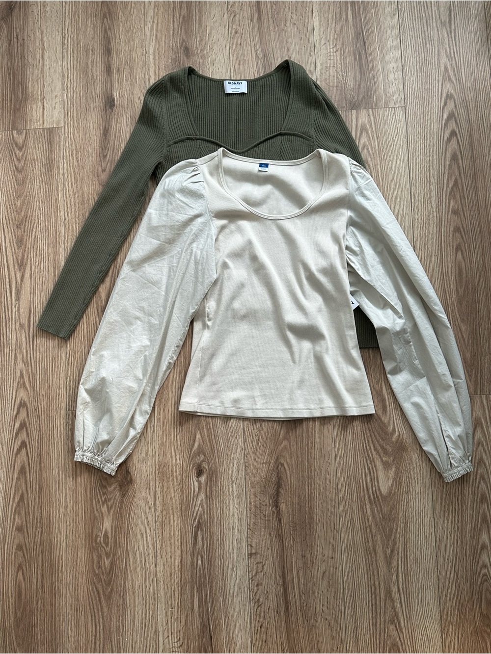 Old Navy Bundle Cream Puff-Sleeve Long-Sleeve and Olive Ribbed Sweetheart Top